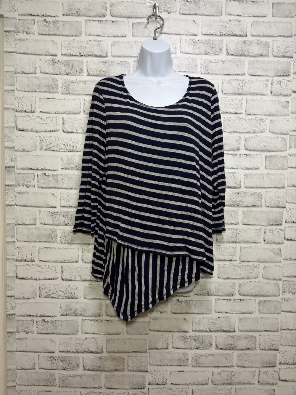 Sunday Navy and Gray Striped 3/4 Sleeves Scoop-Neck Asymmetrical Hem Tunic